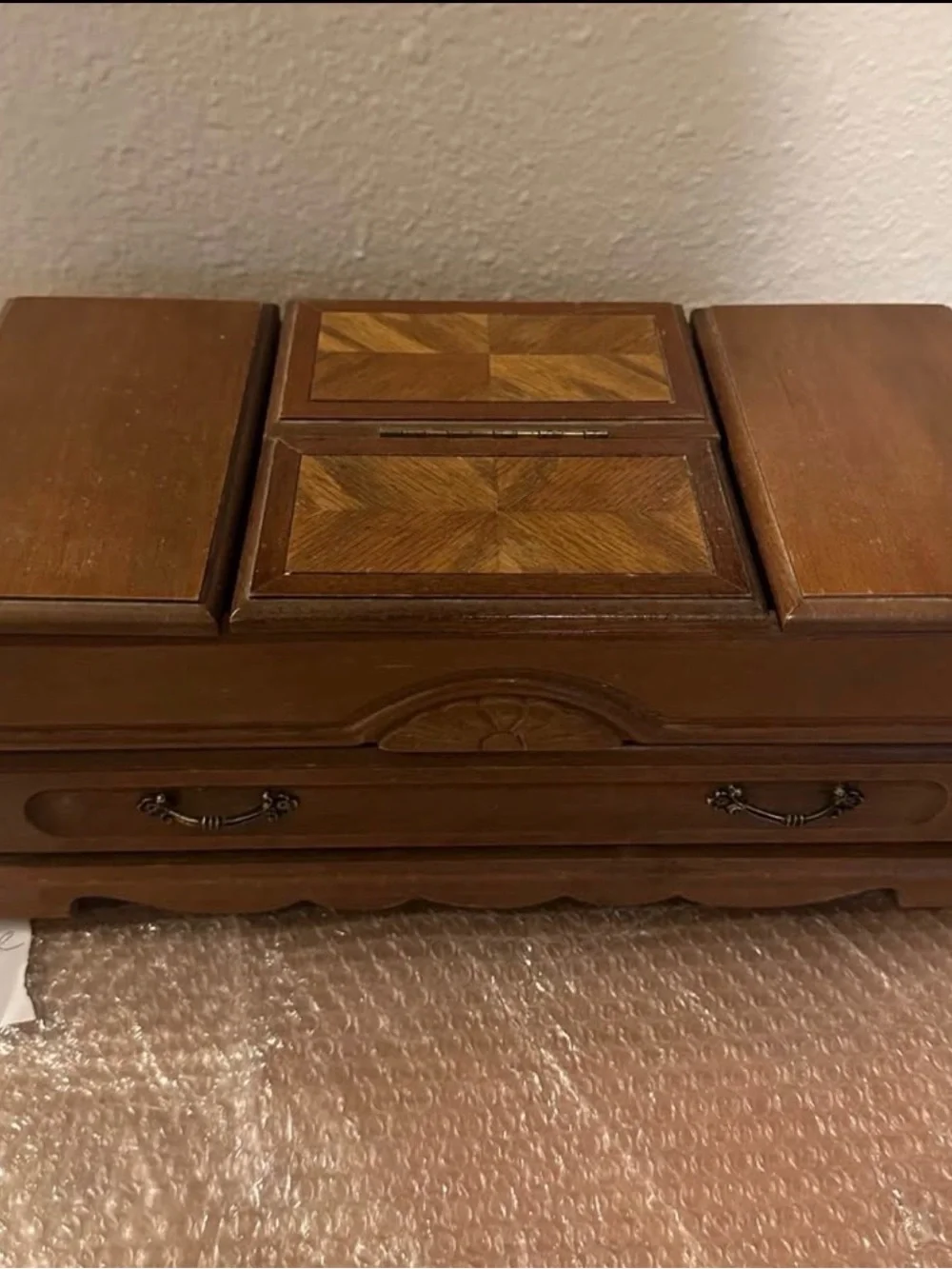 Vintage Wood Jewelry Organizer Tray with Fold-Up Mirror - Brown